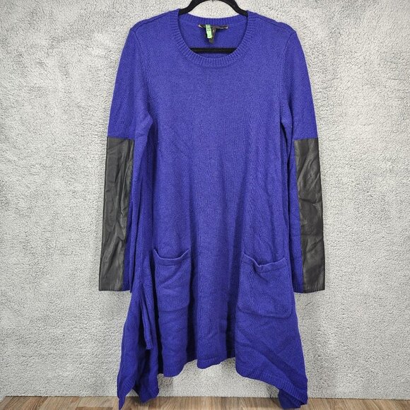 BCBGMAXAZRIA Sz Large Blue Wool Blend Asymmetrical Hem Long Sleeve Sweater Dress - Picture 1 of 9